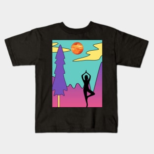 Animated Yoga Mountains Sun and River Graphic Kids T-Shirt